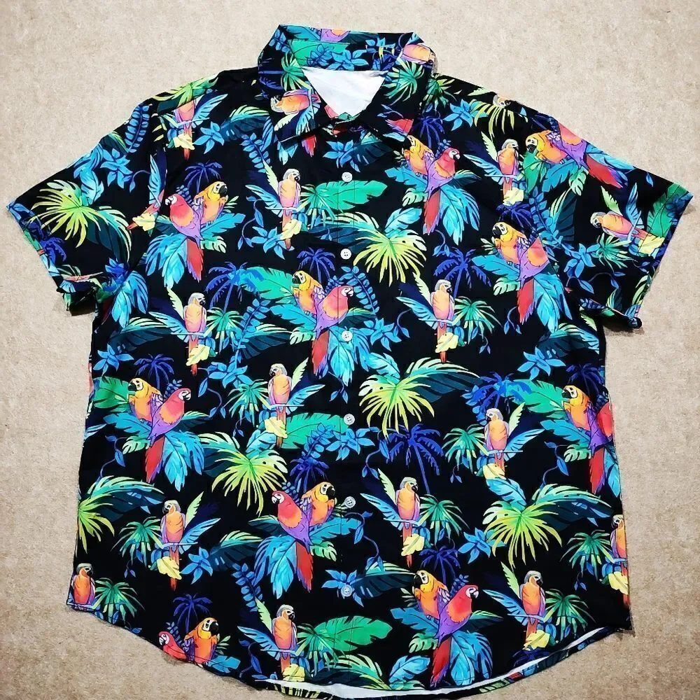 Tropical Vacation Parrot Print Men's Short Sleeve Button Down Shirt #4